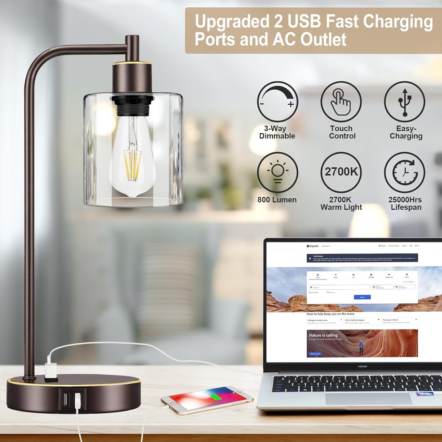 Industrial Touch Table Lamps Set of 2 - Bedside Lamps with 2 USB Ports & AC Outlet, 3-Way Dimmable Nightstand Desk Lamp for Bedroom Living Room, Glass Shade & 2 LED Bulbs Included - Oil-Rubbed Bronze-3