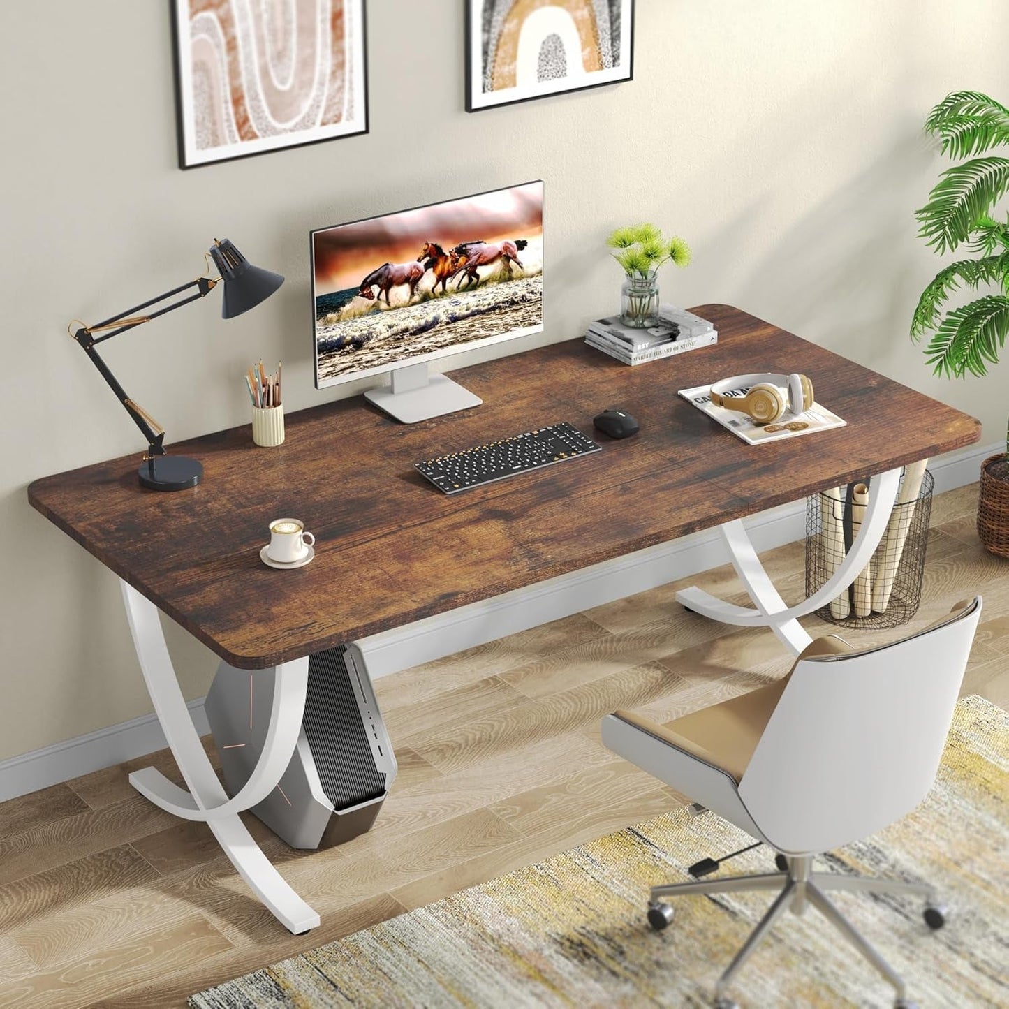 Executive Desk, 63â W X 31.5â D Large Office Desk, Modern Computer Desk Conference Table Meeting Room Table, Business Furniture for Home Office, White and Walnut-2