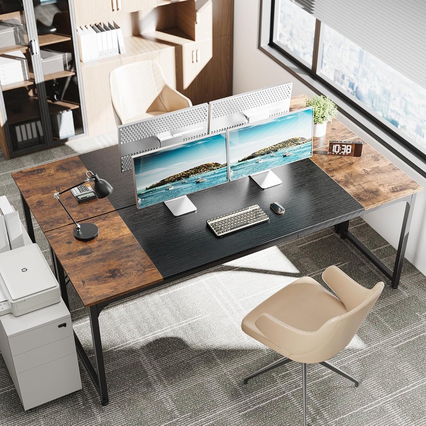 Computer Desk, 80 Inch Office Desk, Gaming Desk with Storage, Writing Desk Work Desk for Home Office, Study, Long Simple Desk, Large Legroom, Metal Frame, Rustic Brown and Black-1