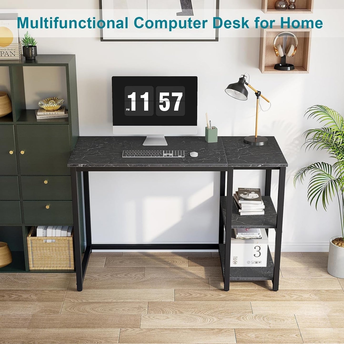 Computer Desk 40 Inches with 2-Tier Shelves Sturdy Home Office Desk with Large Storage Space Modern Gaming Desk Study Writing Laptop Table, Black Marbling (Black Marbling, 40)-1