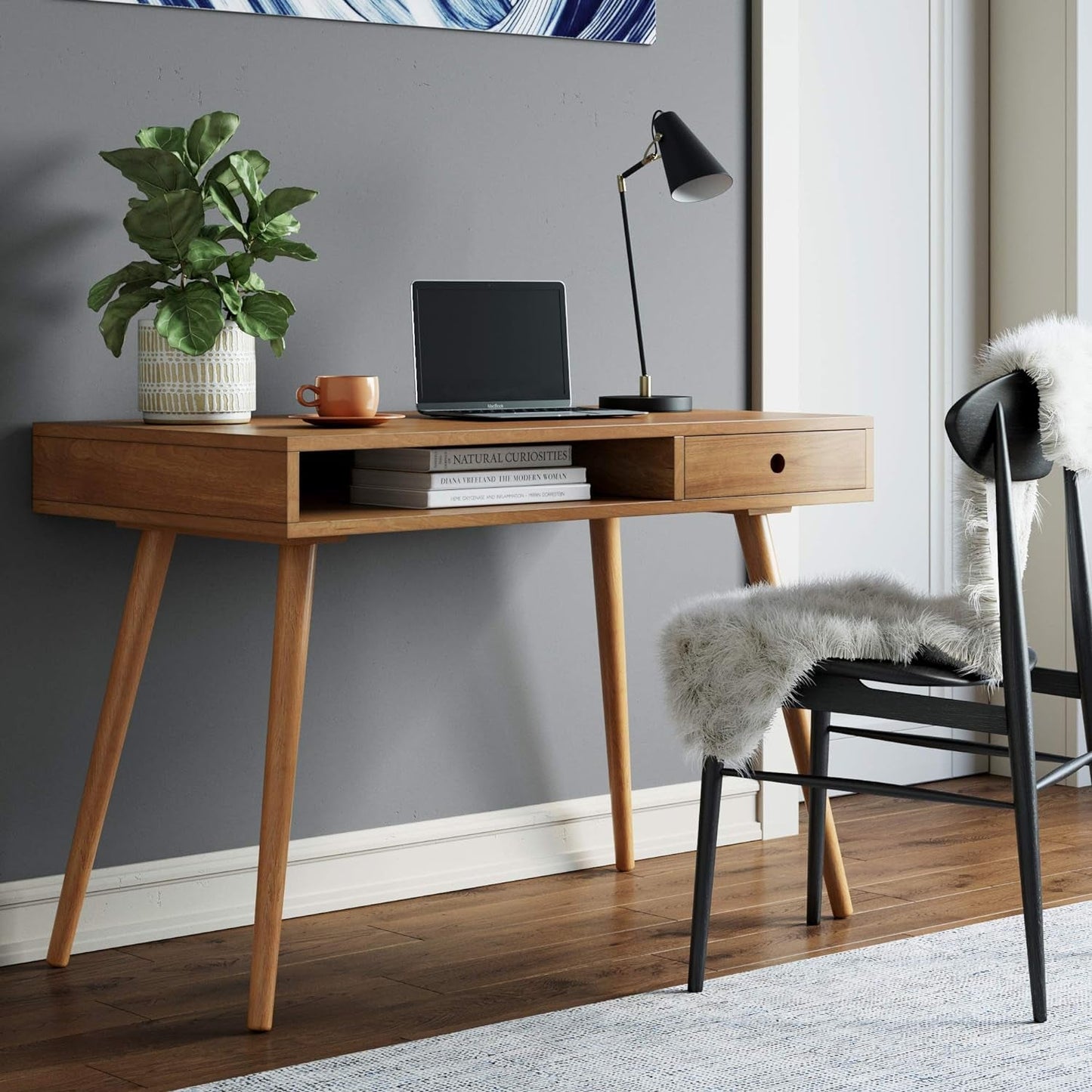 Parker Modern Home Office Writing, Computer or Laptop Desk with Open Storage Cubby and Small Drawer, Walnut-0
