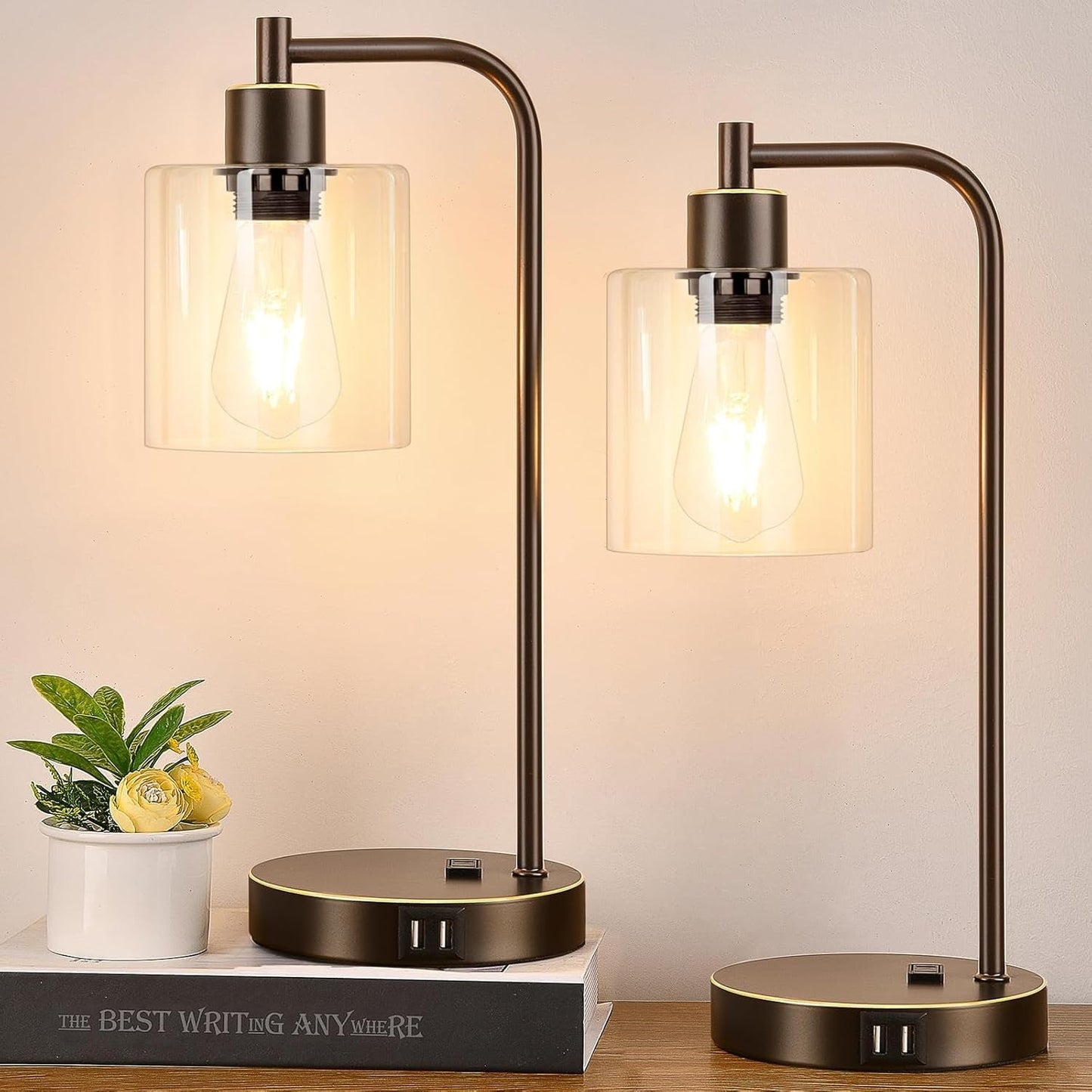 Industrial Touch Table Lamps Set of 2 - Bedside Lamps with 2 USB Ports & AC Outlet, 3-Way Dimmable Nightstand Desk Lamp for Bedroom Living Room, Glass Shade & 2 LED Bulbs Included - Oil-Rubbed Bronze-0