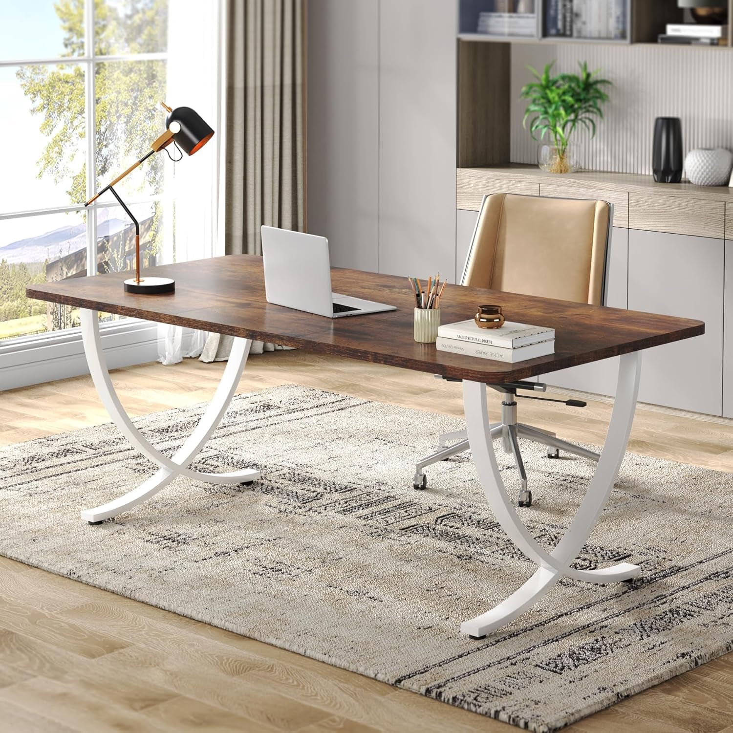 Executive Desk, 63â W X 31.5â D Large Office Desk, Modern Computer Desk Conference Table Meeting Room Table, Business Furniture for Home Office, White and Walnut-0