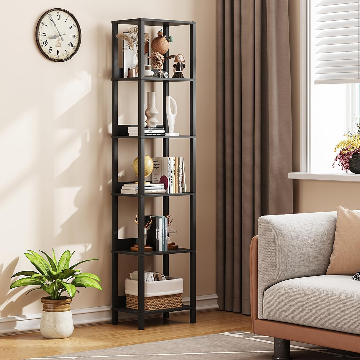 6 Tier Bookshelf with Anti-Fall Baffle, Tall 64.79" Bookcase with DIY Shelves, Industrial Book Shelf Storage Organizer, Display Free Standing Shelf Unit for Bedroom, Living Room, Office, Black-0