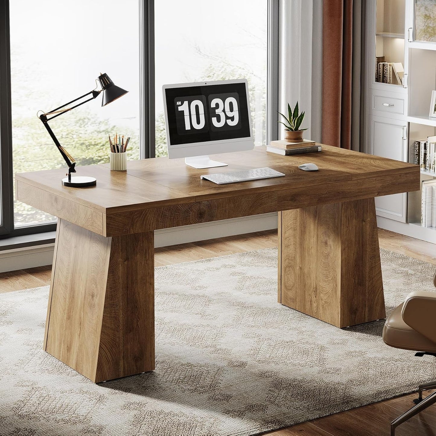 55 Inches Executive Desk, Mid-Century Modern Home Office Desk with Double Trapezoid Base, Wood Computer Desk Business Workstation Desk Small Conference Table, Light Brown-0