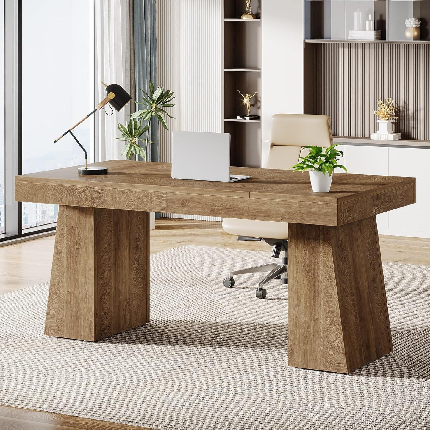 55 Inches Executive Desk, Mid-Century Modern Home Office Desk with Double Trapezoid Base, Wood Computer Desk Business Workstation Desk Small Conference Table, Light Brown-2
