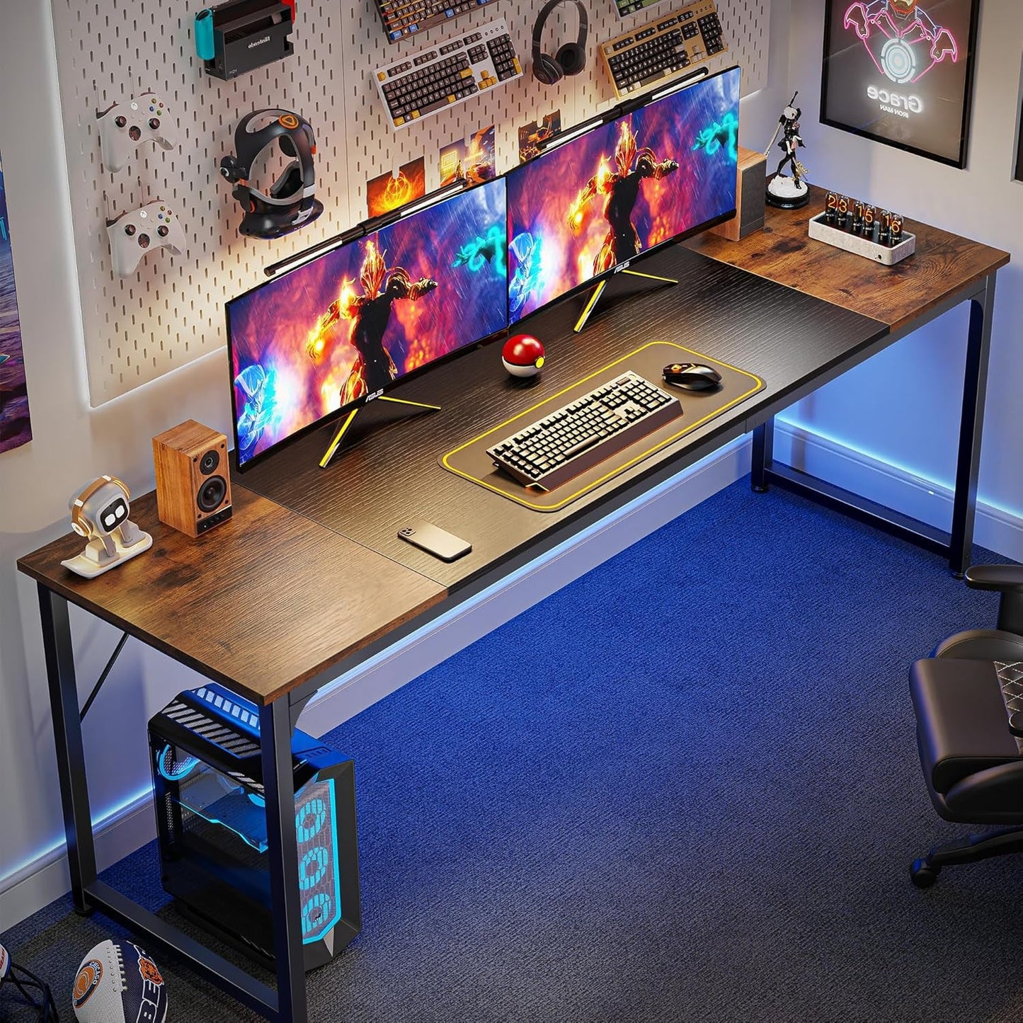 Computer Desk, 80 Inch Office Desk, Gaming Desk with Storage, Writing Desk Work Desk for Home Office, Study, Long Simple Desk, Large Legroom, Metal Frame, Rustic Brown and Black-3