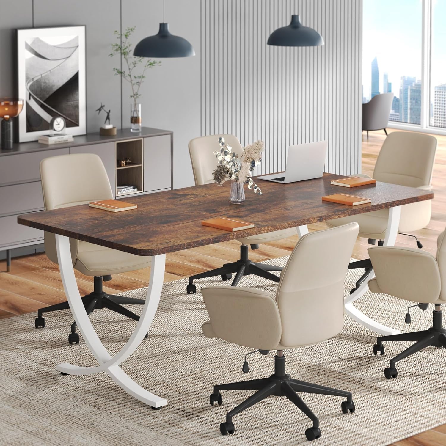 Executive Desk, 63â W X 31.5â D Large Office Desk, Modern Computer Desk Conference Table Meeting Room Table, Business Furniture for Home Office, White and Walnut-4