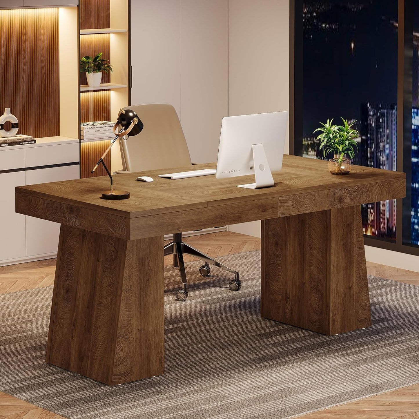 55 Inches Executive Desk, Mid-Century Modern Home Office Desk with Double Trapezoid Base, Wood Computer Desk Business Workstation Desk Small Conference Table, Light Brown-3