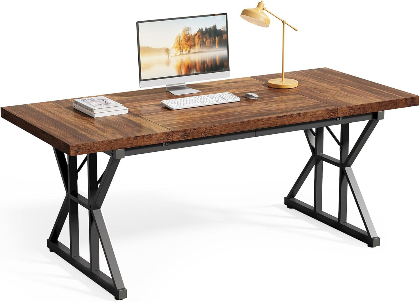 70.8-Inch Office Desk, Wooden Executive Office Desk, Modern Work Desk, Large Farmhouse Writing Table Computer Desk for Home, Brown-Black-0