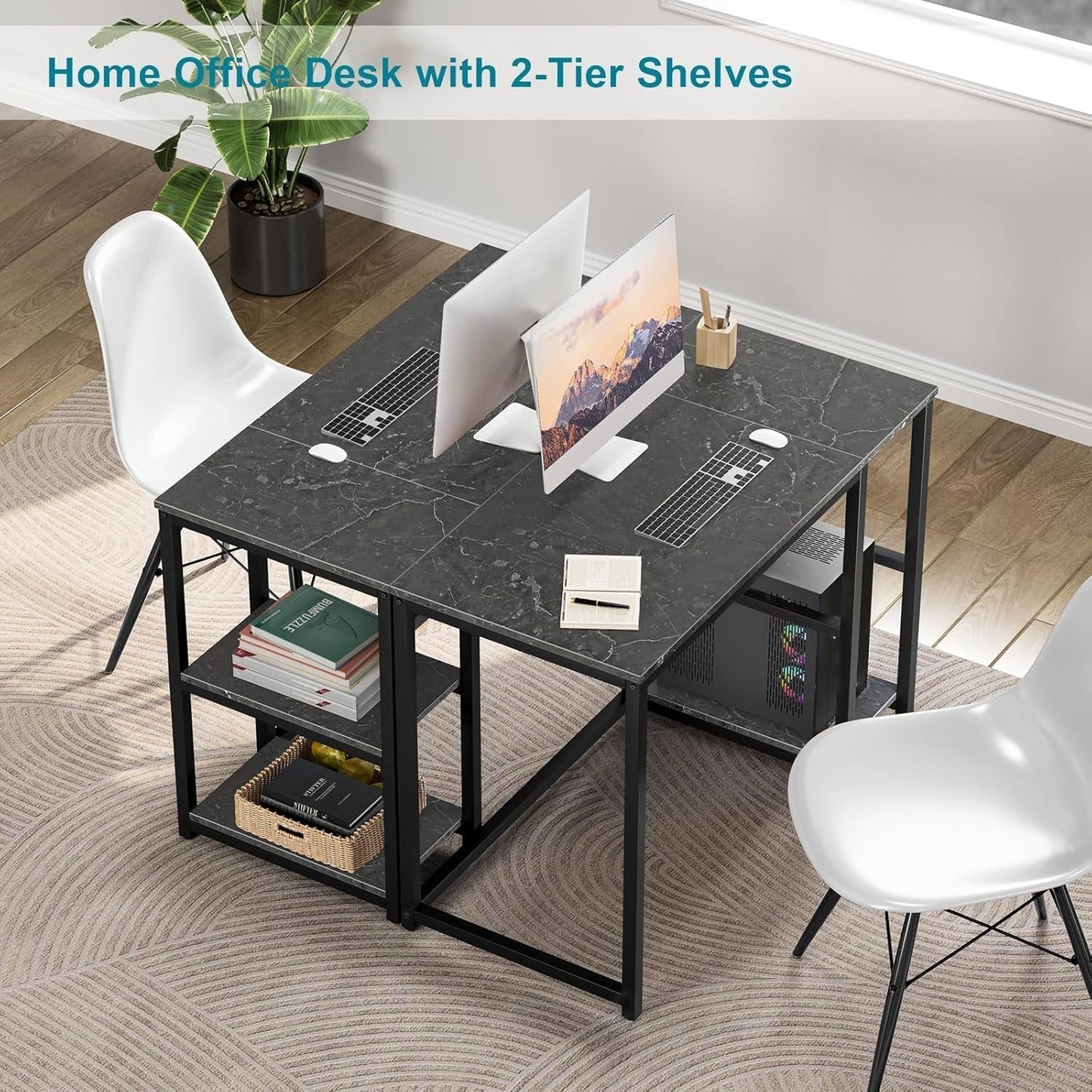 Computer Desk 40 Inches with 2-Tier Shelves Sturdy Home Office Desk with Large Storage Space Modern Gaming Desk Study Writing Laptop Table, Black Marbling (Black Marbling, 40)-4