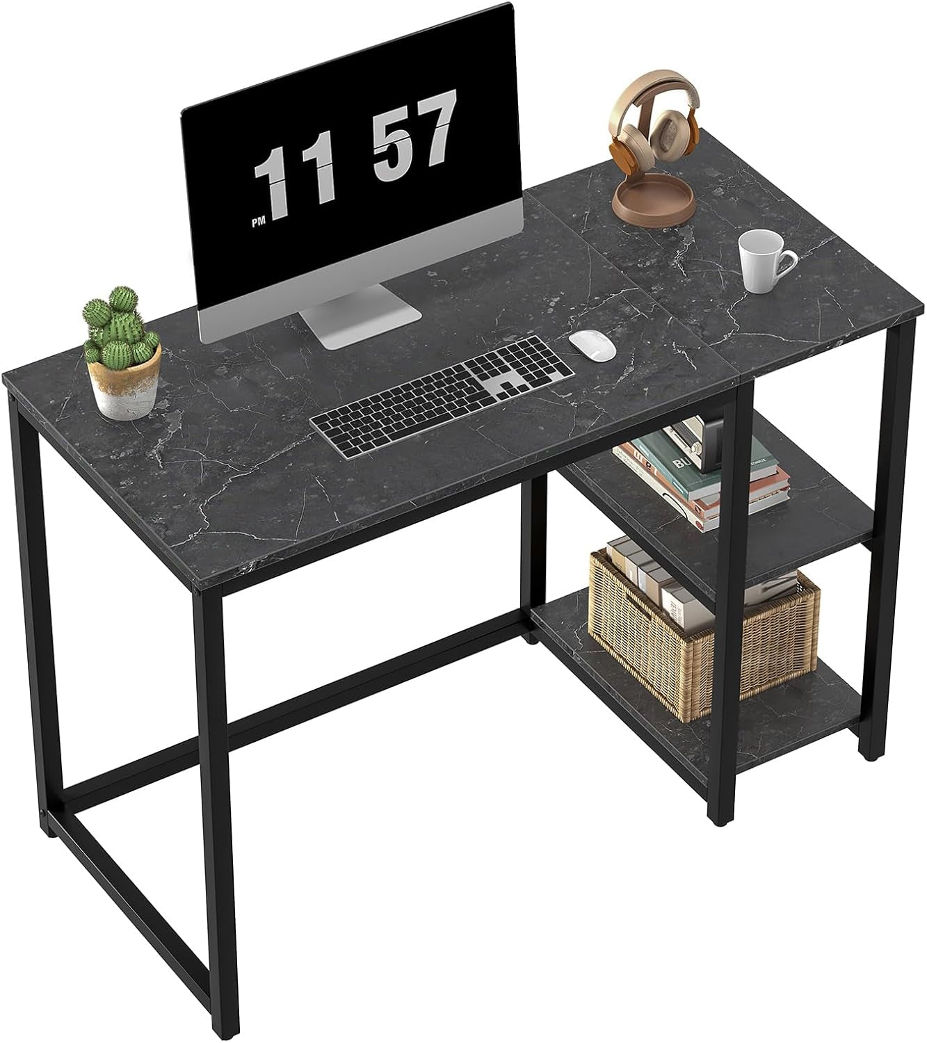 Computer Desk 40 Inches with 2-Tier Shelves Sturdy Home Office Desk with Large Storage Space Modern Gaming Desk Study Writing Laptop Table, Black Marbling (Black Marbling, 40)-0