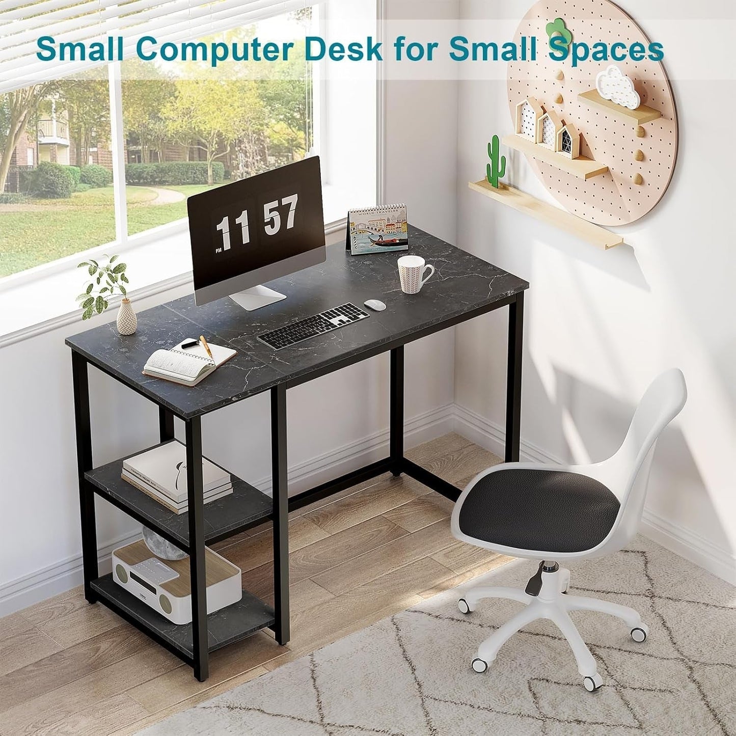 Computer Desk 40 Inches with 2-Tier Shelves Sturdy Home Office Desk with Large Storage Space Modern Gaming Desk Study Writing Laptop Table, Black Marbling (Black Marbling, 40)-3