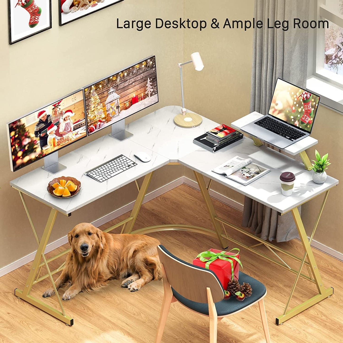 Marble Laminate L-Shaped Gaming Desk with Monitor Stand-4