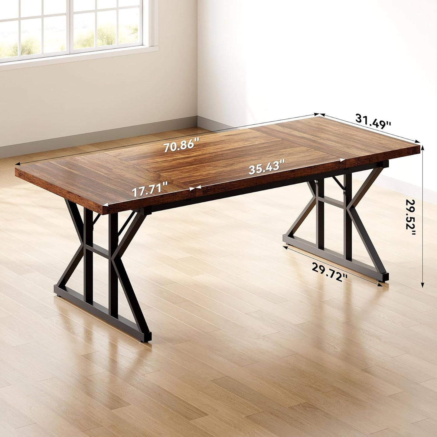 70.8-Inch Office Desk, Wooden Executive Office Desk, Modern Work Desk, Large Farmhouse Writing Table Computer Desk for Home, Brown-Black-2