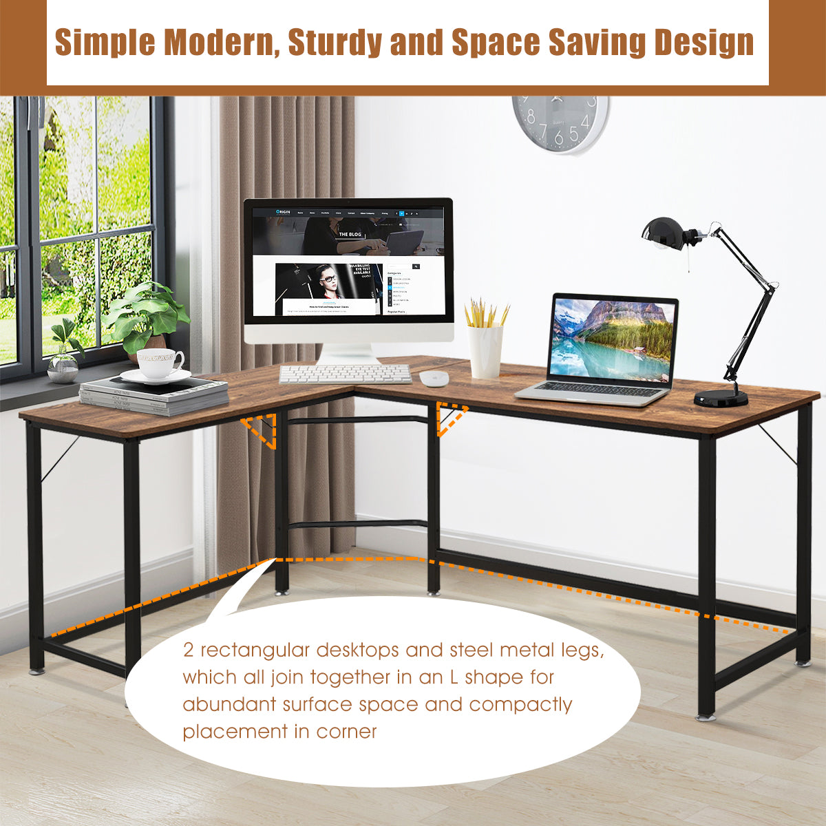 NNECW Wood L-Shaped Computer Desk with Adjustable Foot Pad-2