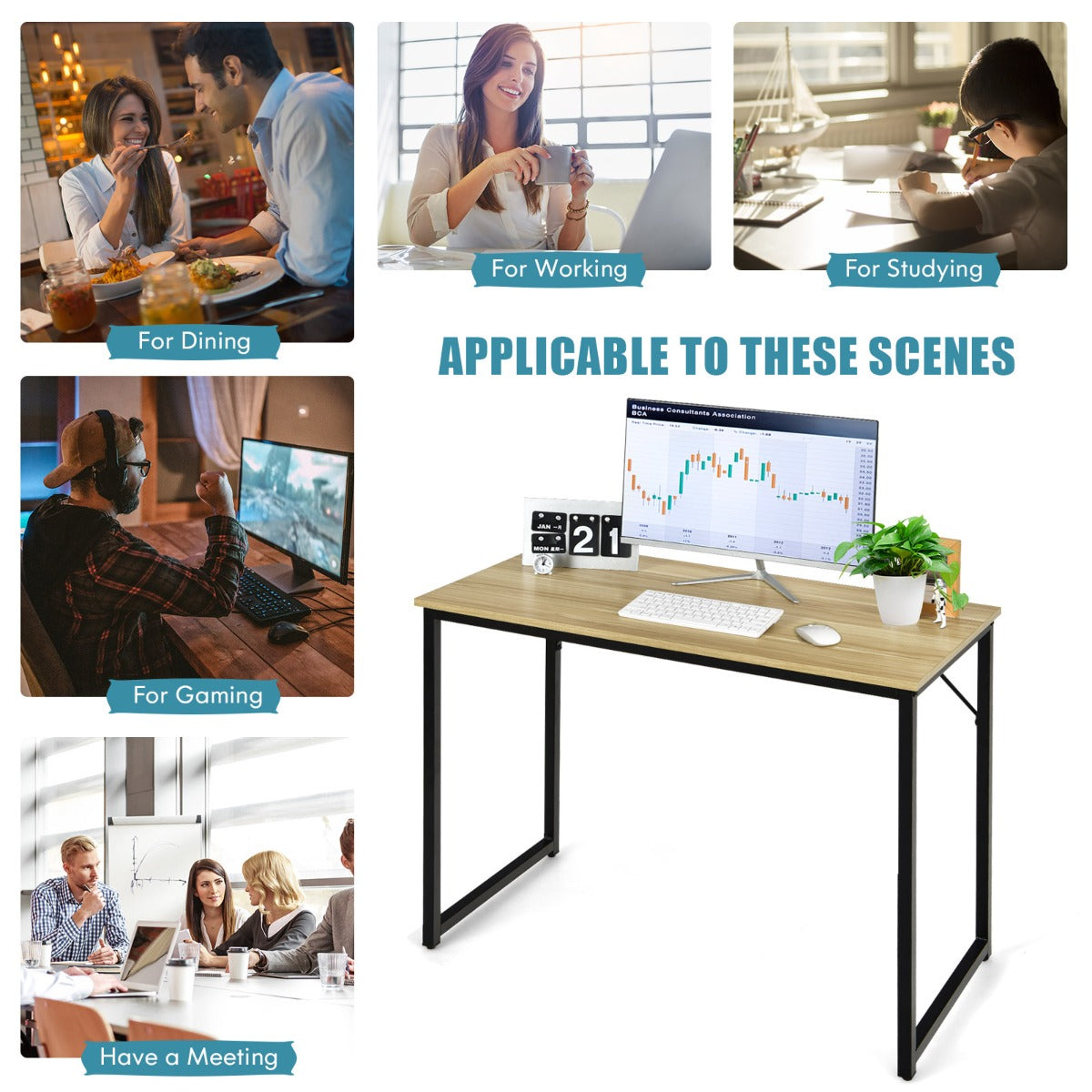 NNECW Modern Simple Style Study Writing Desk Computer Desk with Heavy Duty Steel Frame-2