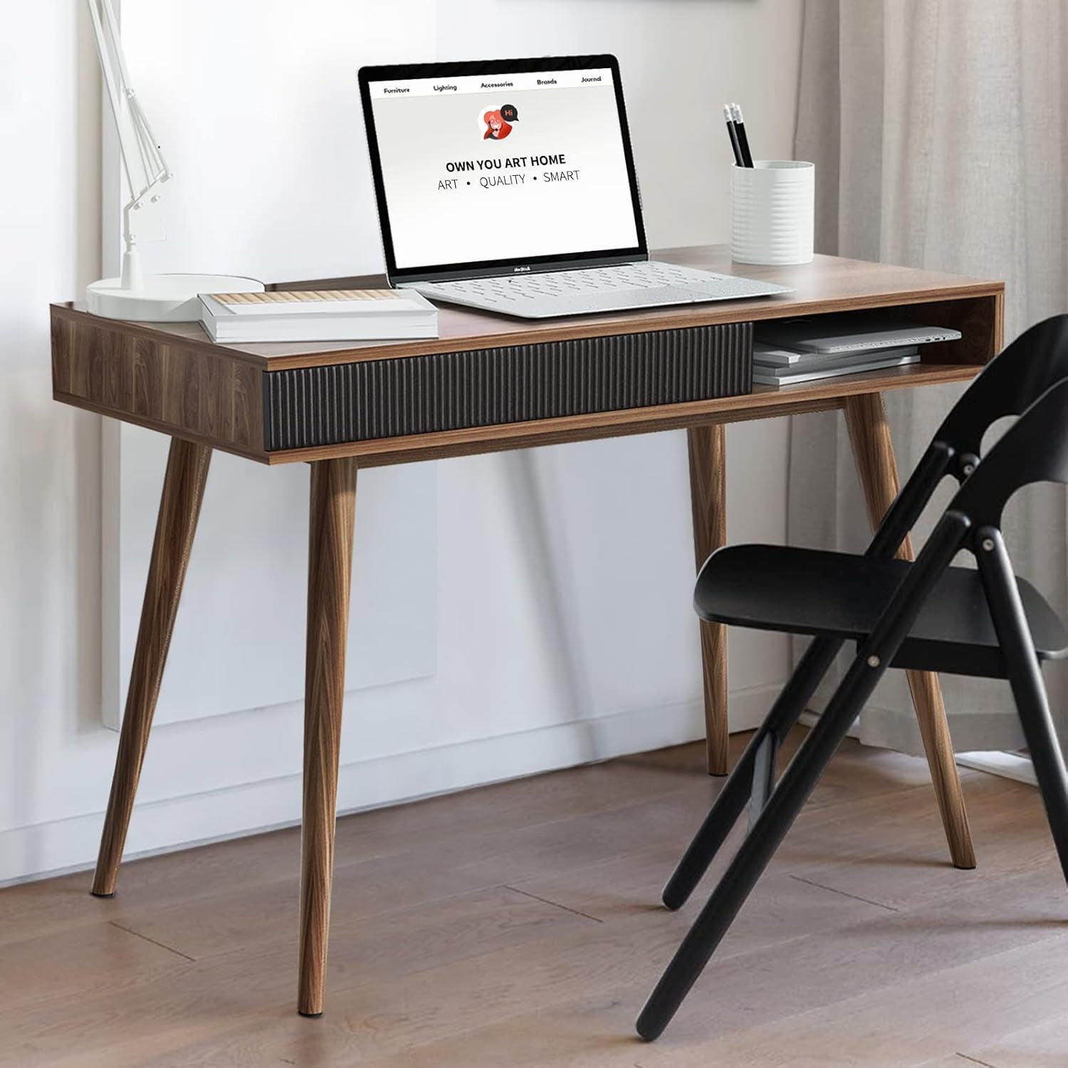 Office Desk Mid Century Modern Desk Writing Desk with Drawer Simple Home Office Desk Mid Century Desk, Walnut-0