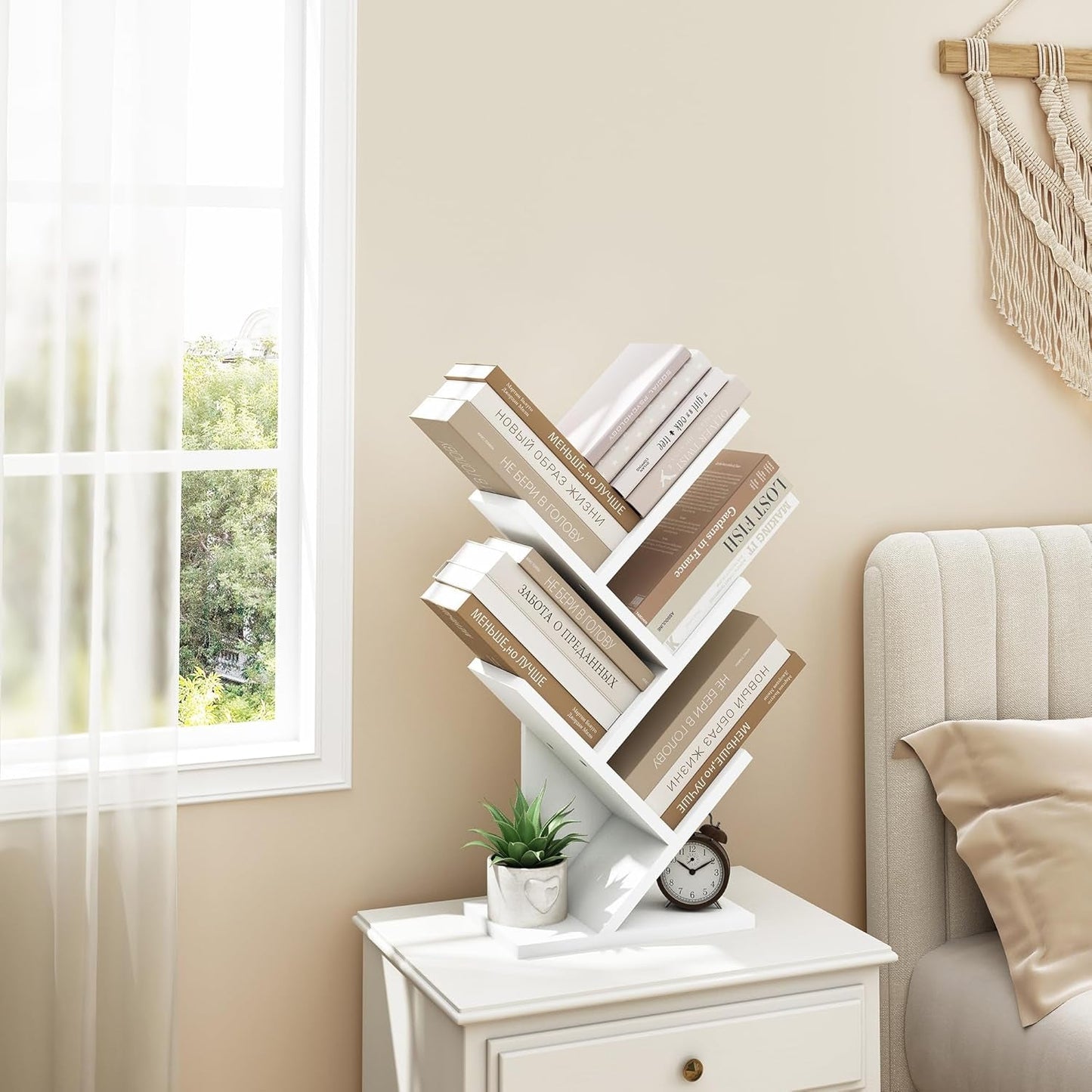 4 Tier Tree Bookshelf, Small Bookcase, Free Standing Tree Bookcase, Bookshelf for Bedroom, Book Shelf Organizer, Small Bookshelf, White-3