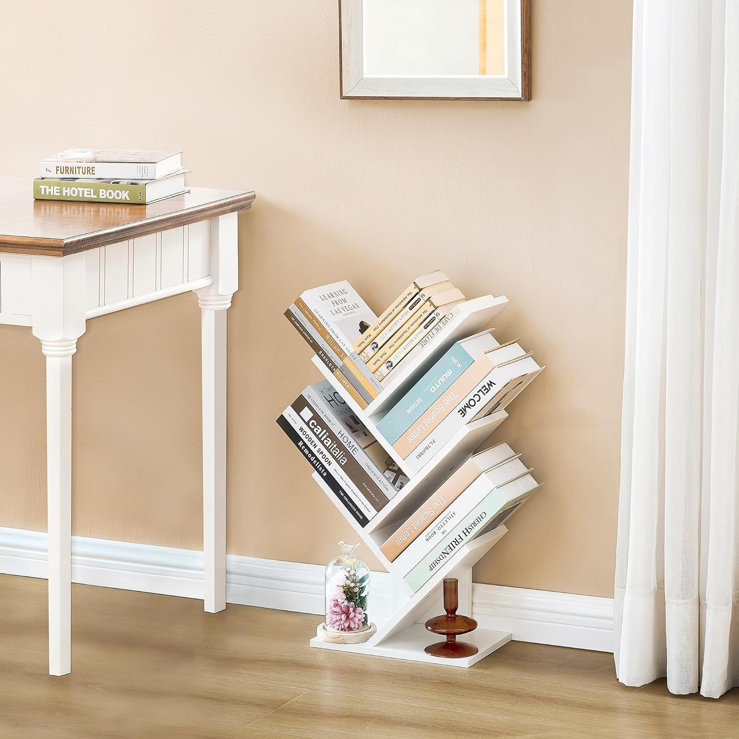 4 Tier Tree Bookshelf, Small Bookcase, Free Standing Tree Bookcase, Bookshelf for Bedroom, Book Shelf Organizer, Small Bookshelf, White-4