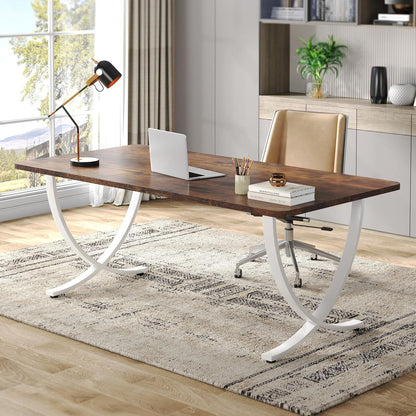 Executive Desk, 63” W X 31.5” D Large Office Desk, Modern Computer Desk Conference Table Meeting Room Table, Business Furniture for Home Office, White and Walnut-0