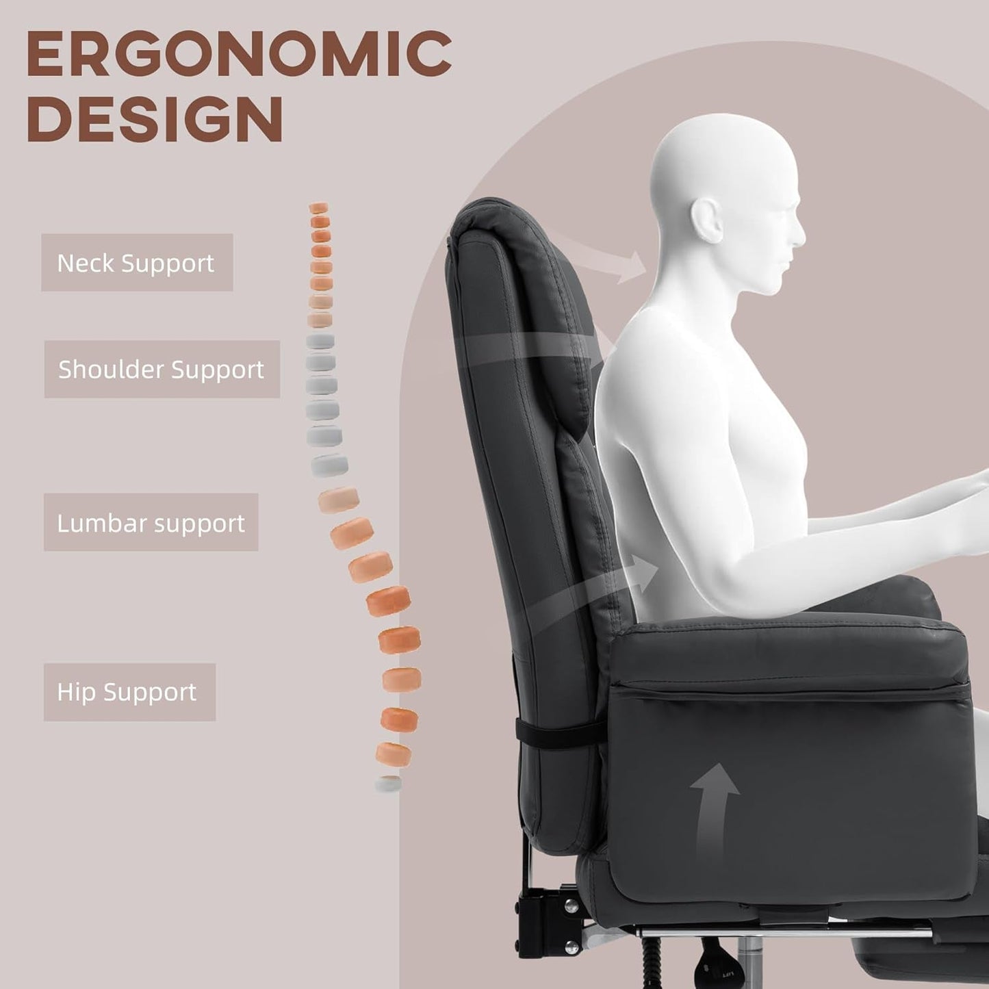 Executive Office Chair with Footrest and Lumbar Support, PU Leather Ergonomic Office Desk Chair, Reclining and Swivel Chair, Black-3