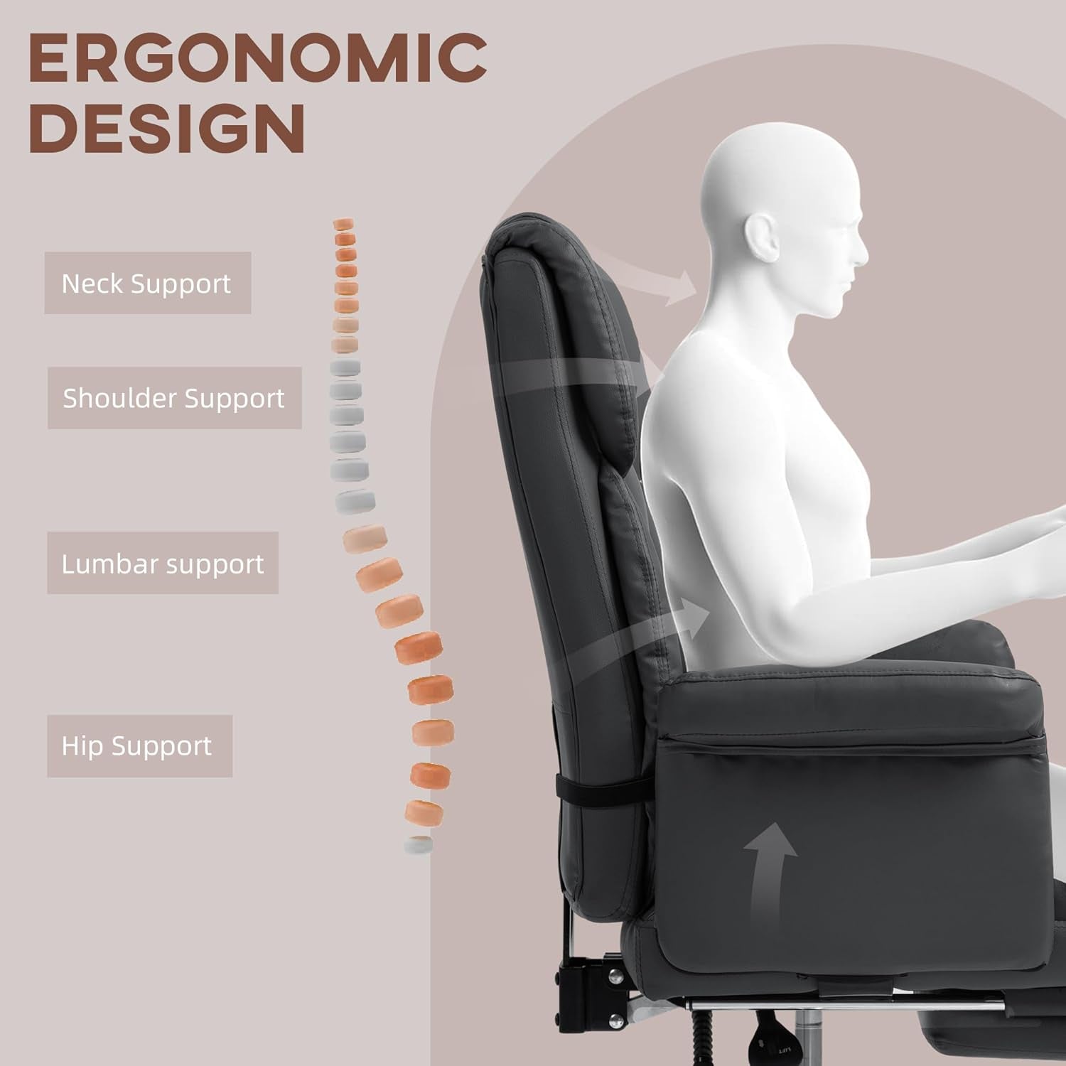 Executive Office Chair with Footrest and Lumbar Support, PU Leather Ergonomic Office Desk Chair, Reclining and Swivel Chair, Black-3