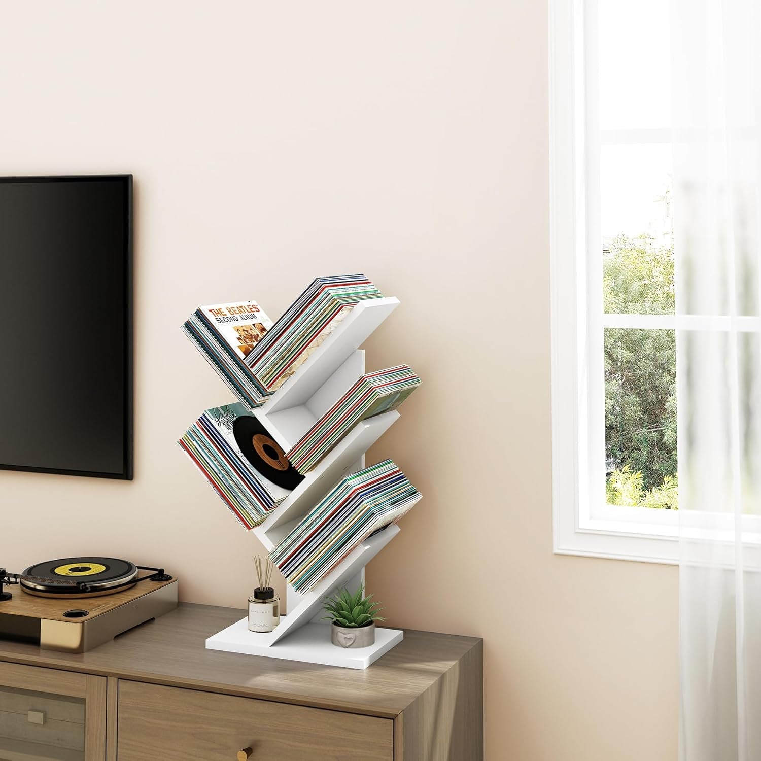 4 Tier Tree Bookshelf, Small Bookcase, Free Standing Tree Bookcase, Bookshelf for Bedroom, Book Shelf Organizer, Small Bookshelf, White-1