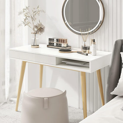 White Desk Mid Century Modern Desk Wooden Desk with Drawer Small Office Desk Mid Century Computer Desk White Makeup Table-2