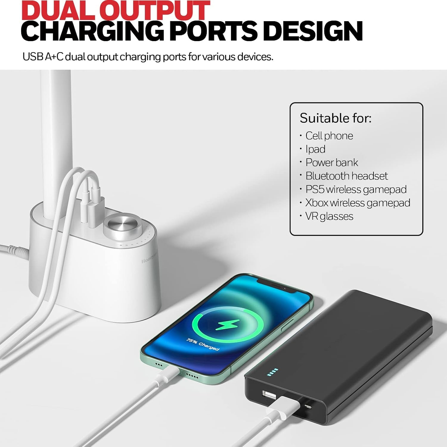 LED Desk Lamp with USB Charging Ports - Sunturalux™ HWT-H01 Stepless Dimmable Eye Caring Table Lamp for College Dorm Home Office, Foldable Small Bedside Lamp for Bedroom with Base White-4