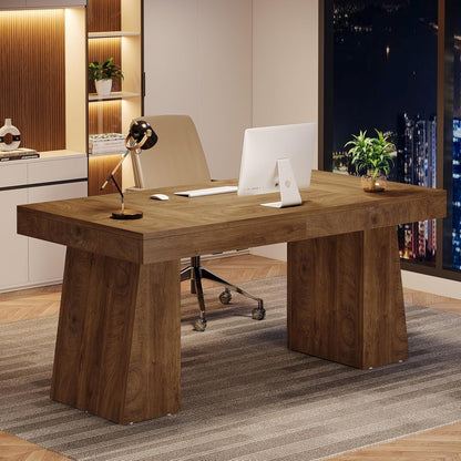 55 Inches Executive Desk, Mid-Century Modern Home Office Desk with Double Trapezoid Base, Wood Computer Desk Business Workstation Desk Small Conference Table, Light Brown-3