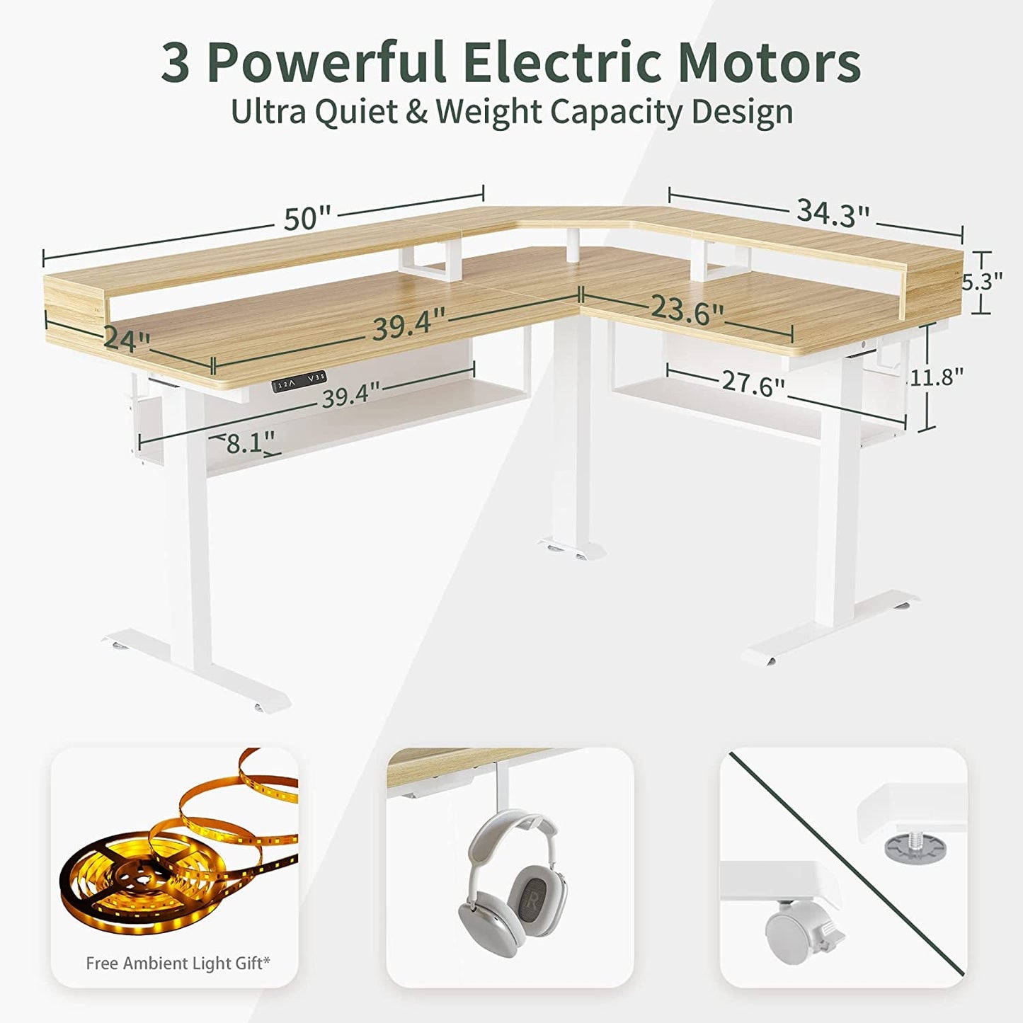 L-Shaped Standing Desk with Shelves, Triple Motors, Oak-2