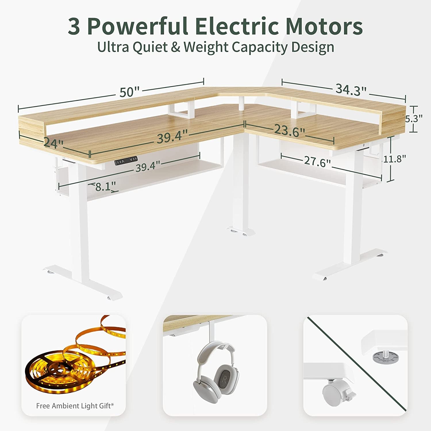 L-Shaped Standing Desk with Shelves, Triple Motors, Oak-2