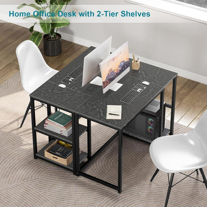 Computer Desk 40 Inches with 2-Tier Shelves Sturdy Home Office Desk with Large Storage Space Modern Gaming Desk Study Writing Laptop Table, Black Marbling (Black Marbling, 40)-4