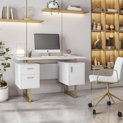 51" White Gold Desk with Storage Cabinet-0