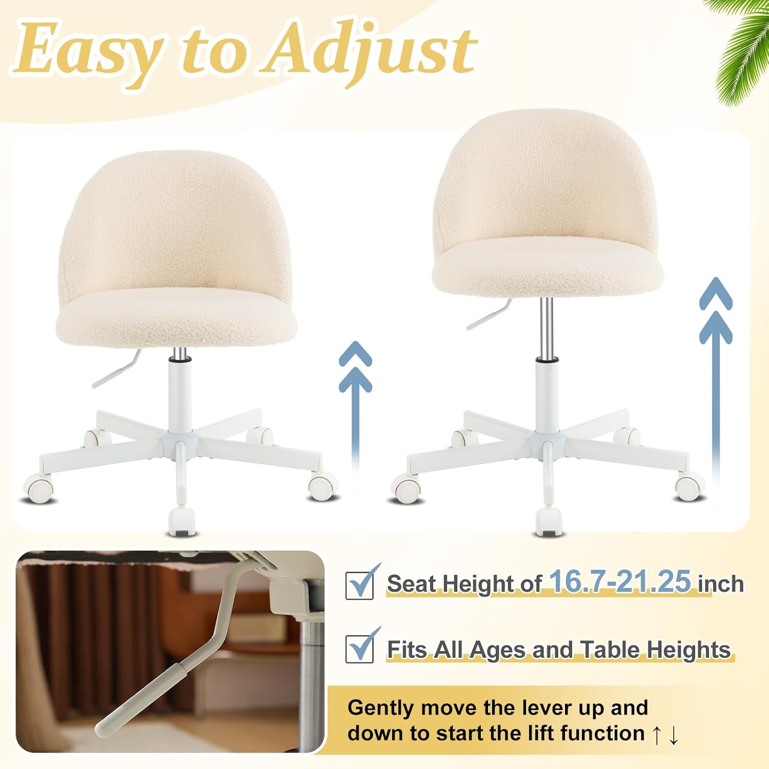 Candy Chair Armless Cute Desk Chair,Comfy Small Office Chair with Wheels,Vanity Chair Lumbar Support,Teddy Adjustable Rolling Swivel Computer Task Chair for Home Office,Bedroom,Creamy Beige-4
