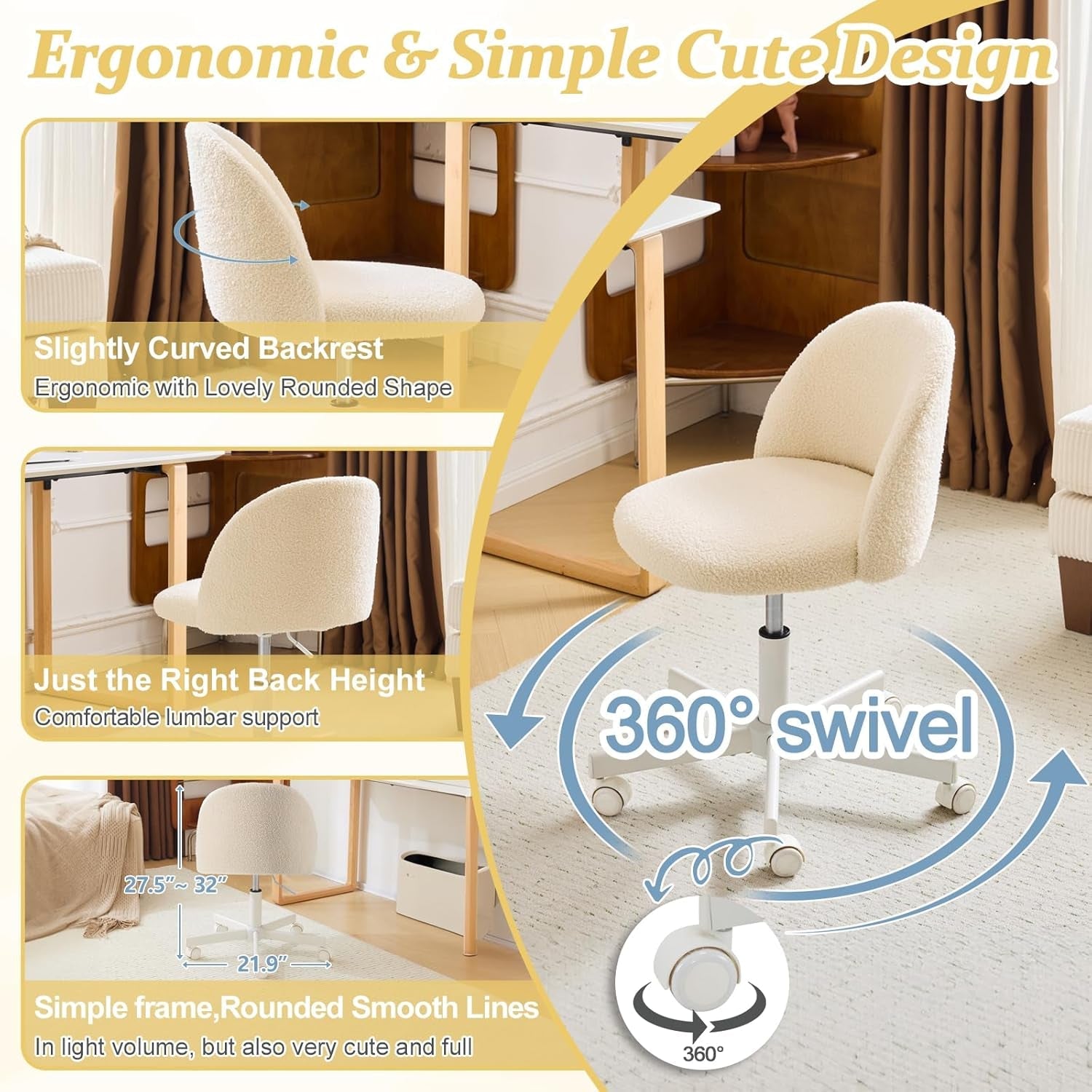 Candy Chair Armless Cute Desk Chair,Comfy Small Office Chair with Wheels,Vanity Chair Lumbar Support,Teddy Adjustable Rolling Swivel Computer Task Chair for Home Office,Bedroom,Creamy Beige-3