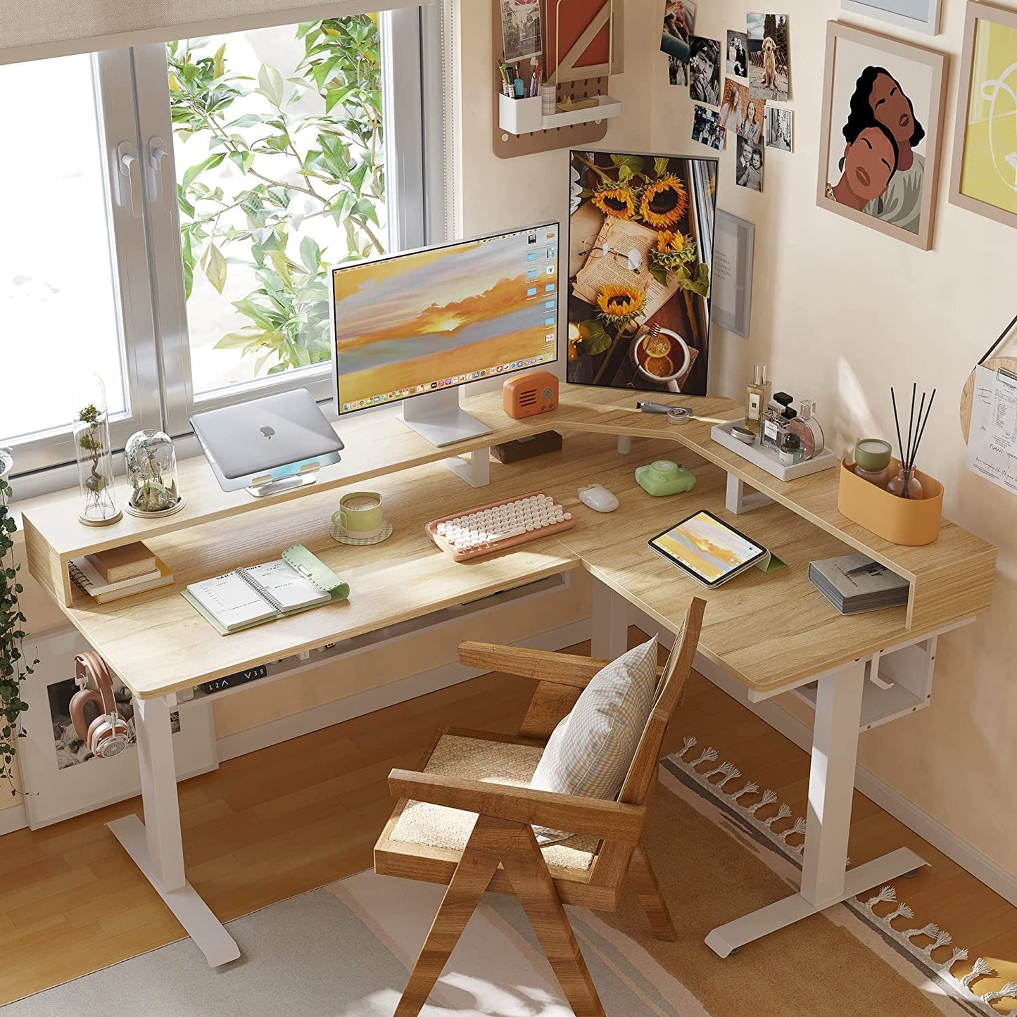 L-Shaped Standing Desk with Shelves, Triple Motors, Oak-1