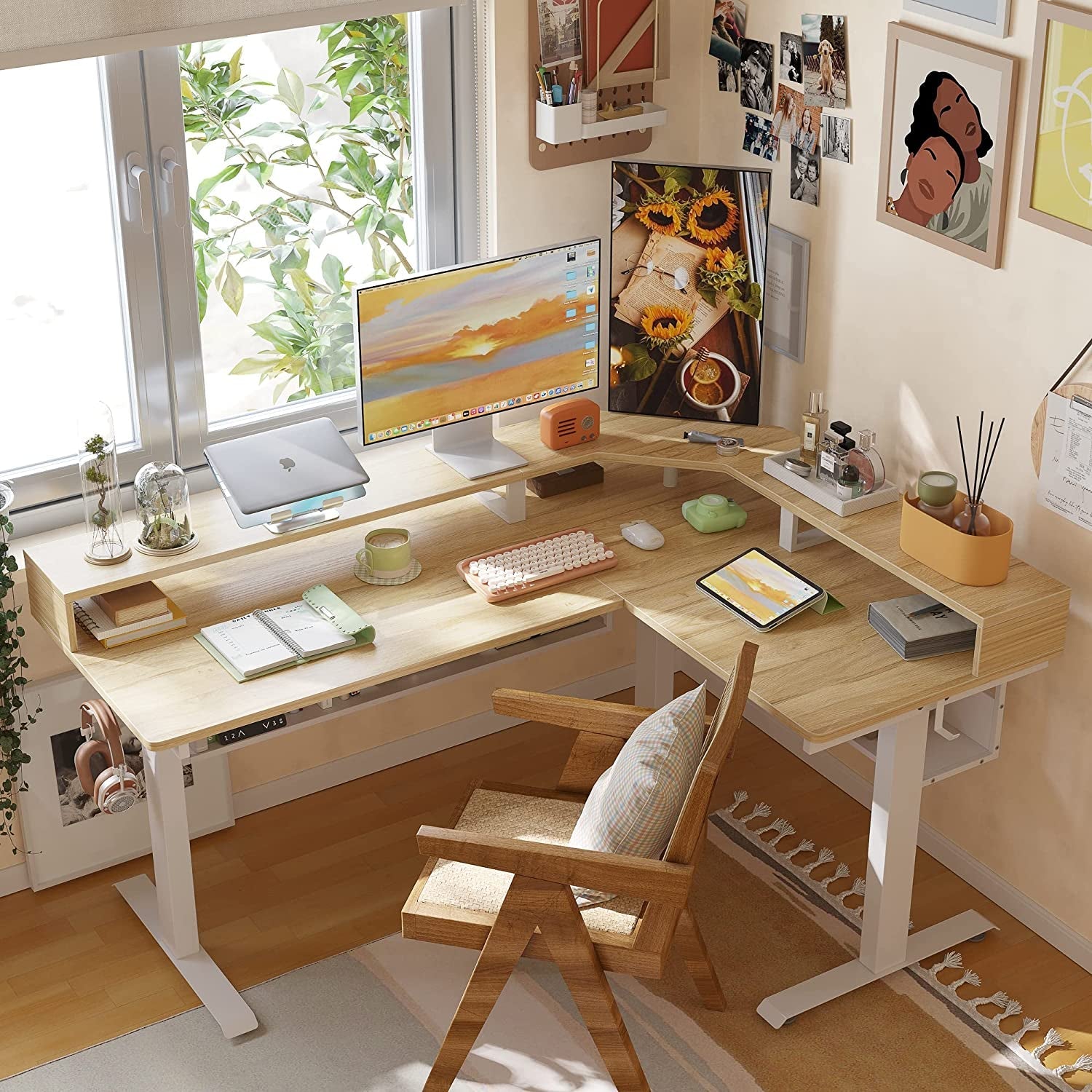L-Shaped Standing Desk with Shelves, Triple Motors, Oak-1