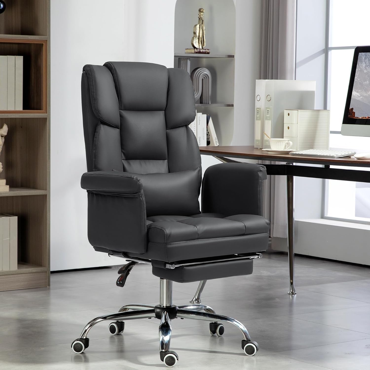Executive Office Chair with Footrest and Lumbar Support, PU Leather Ergonomic Office Desk Chair, Reclining and Swivel Chair, Black-1