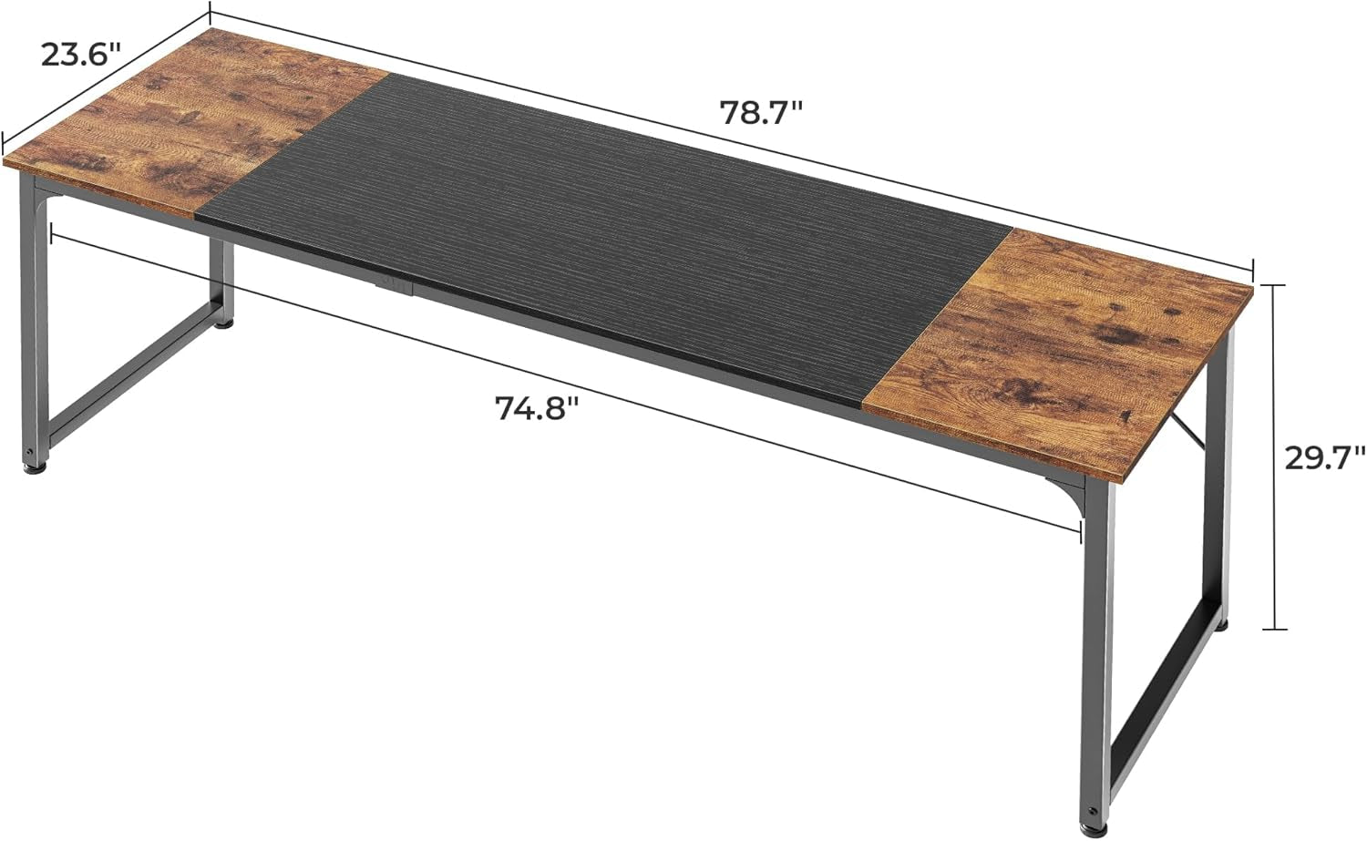 Computer Desk, 80 Inch Office Desk, Gaming Desk with Storage, Writing Desk Work Desk for Home Office, Study, Long Simple Desk, Large Legroom, Metal Frame, Rustic Brown and Black-2