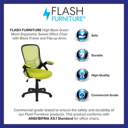 Porter Mesh High Back Ergonomic Swivel Office Chair with Lumbar Support, Flip-Up Arms, Tilt Lock/Tilt Tension, Height Adjustable, Black/Green Frame-3