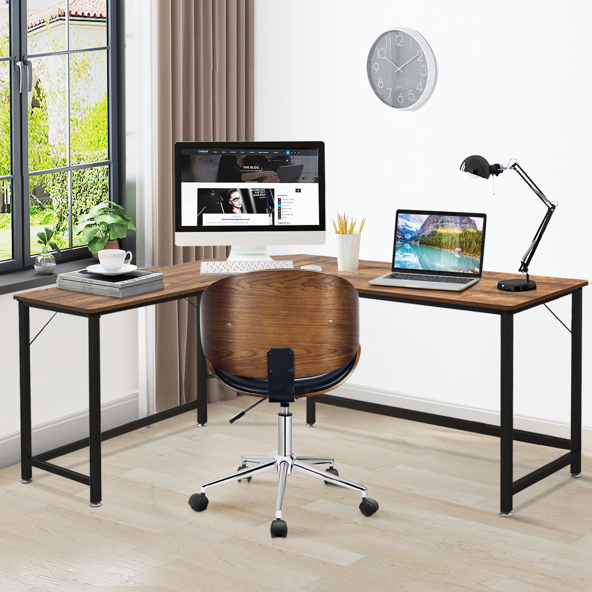 NNECW Wood L-Shaped Computer Desk with Adjustable Foot Pad-0
